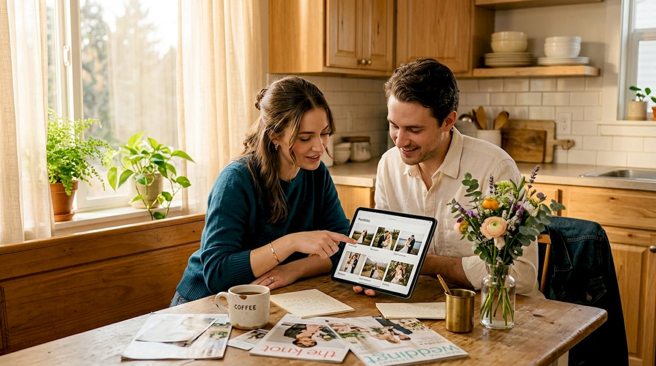 Couple reviewing wedding photography styles at home