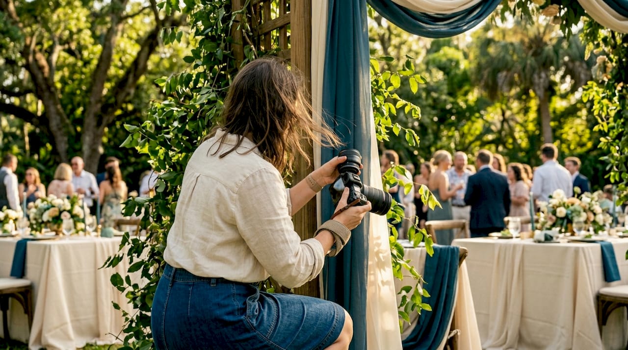 Florida wedding photographer photographing sunlit reception