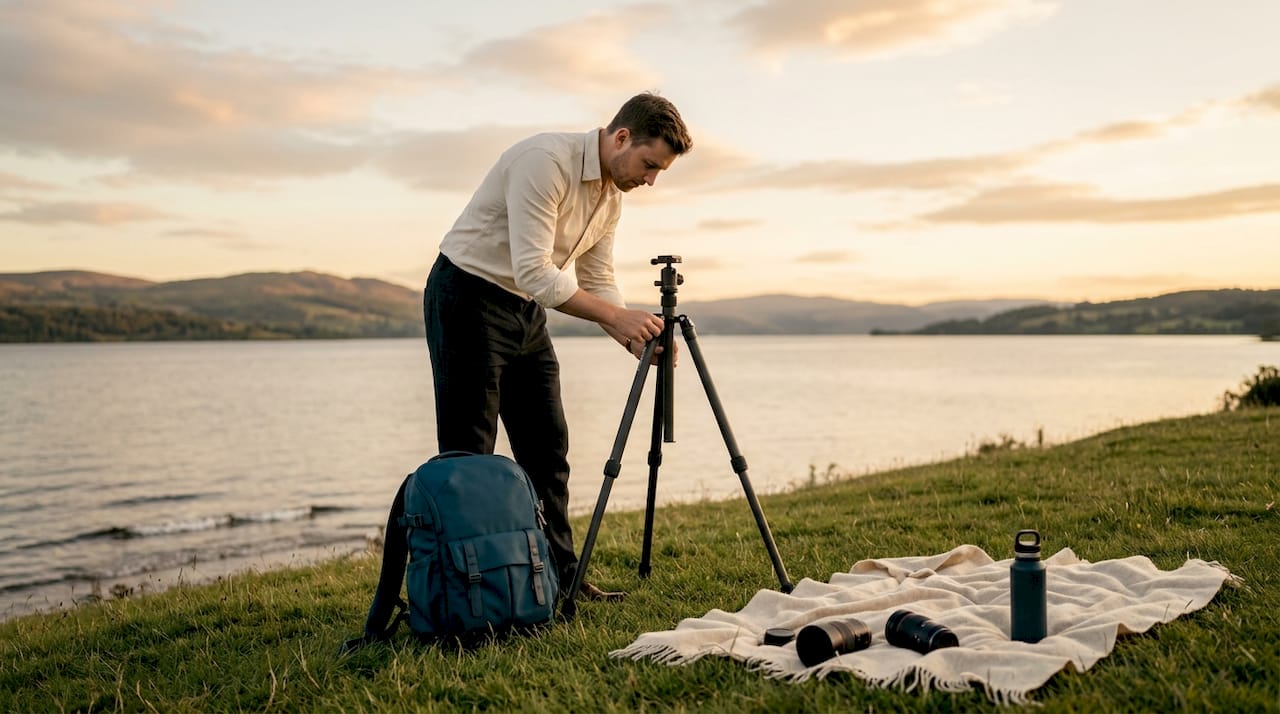 Wedding videographer adjusting camera on terrace