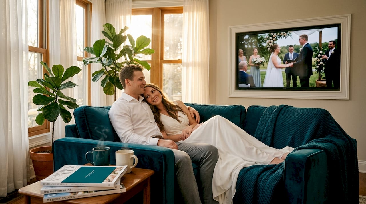 Couple reviewing wedding film together