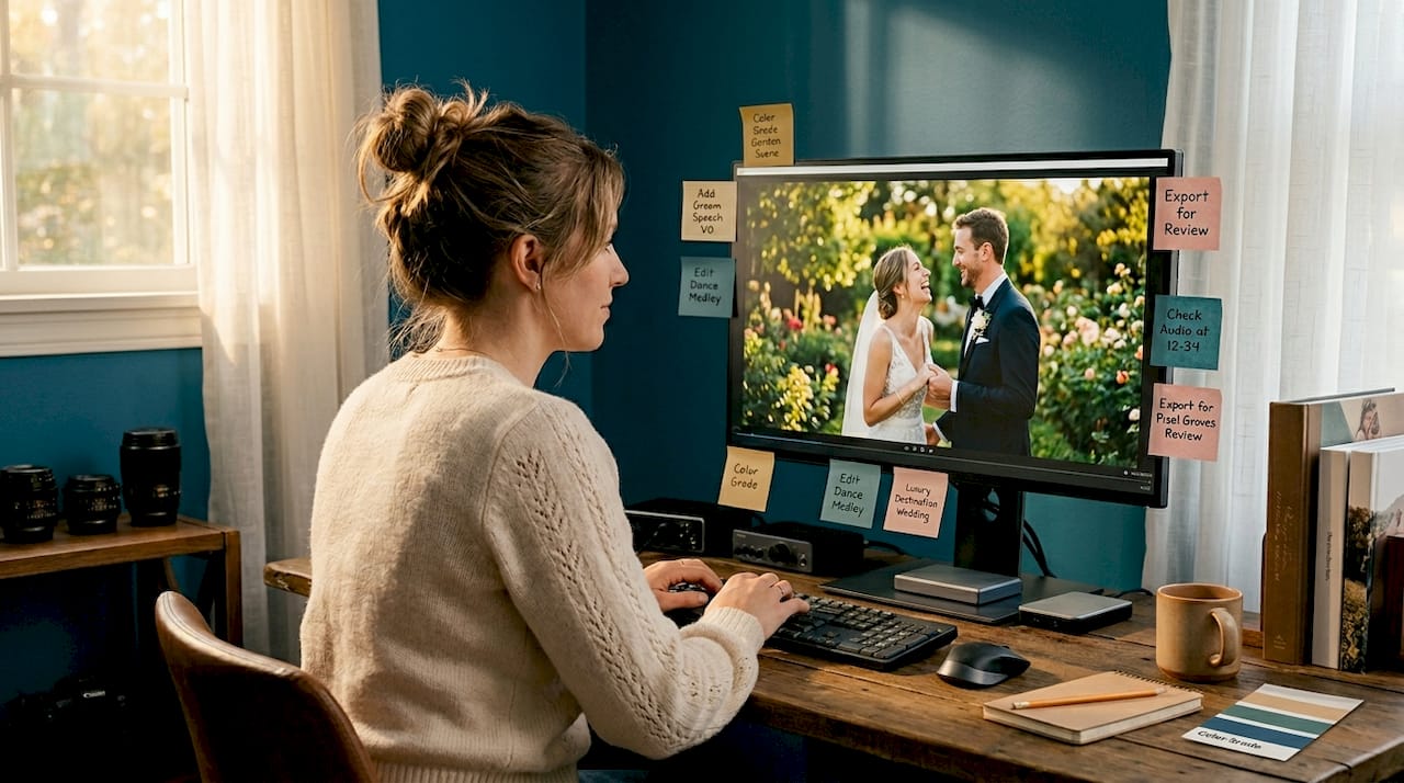 Videographer editing wedding teaser footage