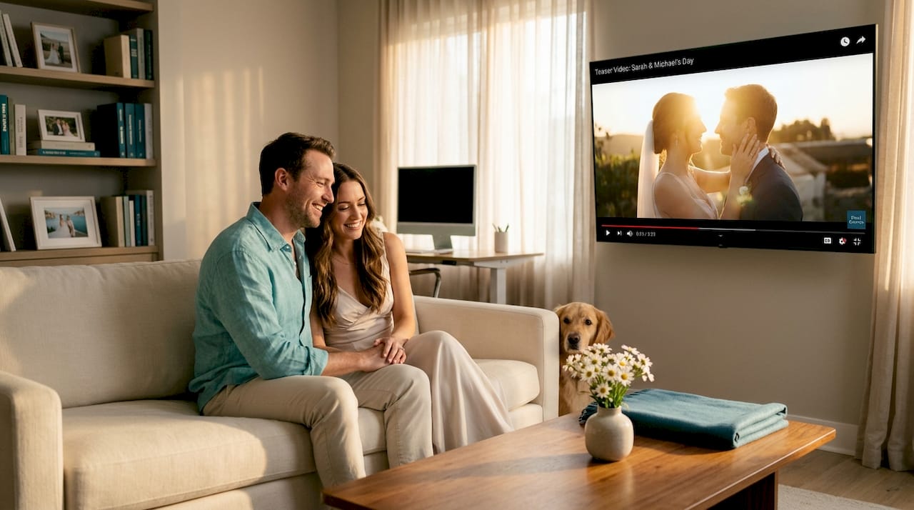 Couple enjoying wedding teaser video at home