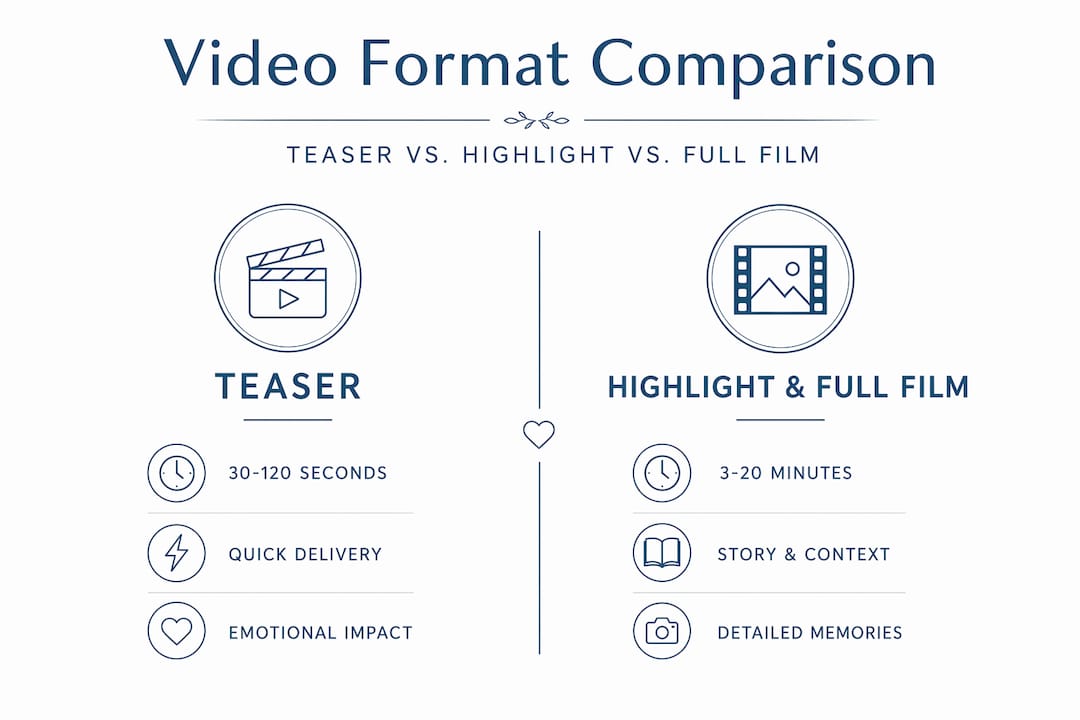 Infographic comparing teaser, highlight, full film formats