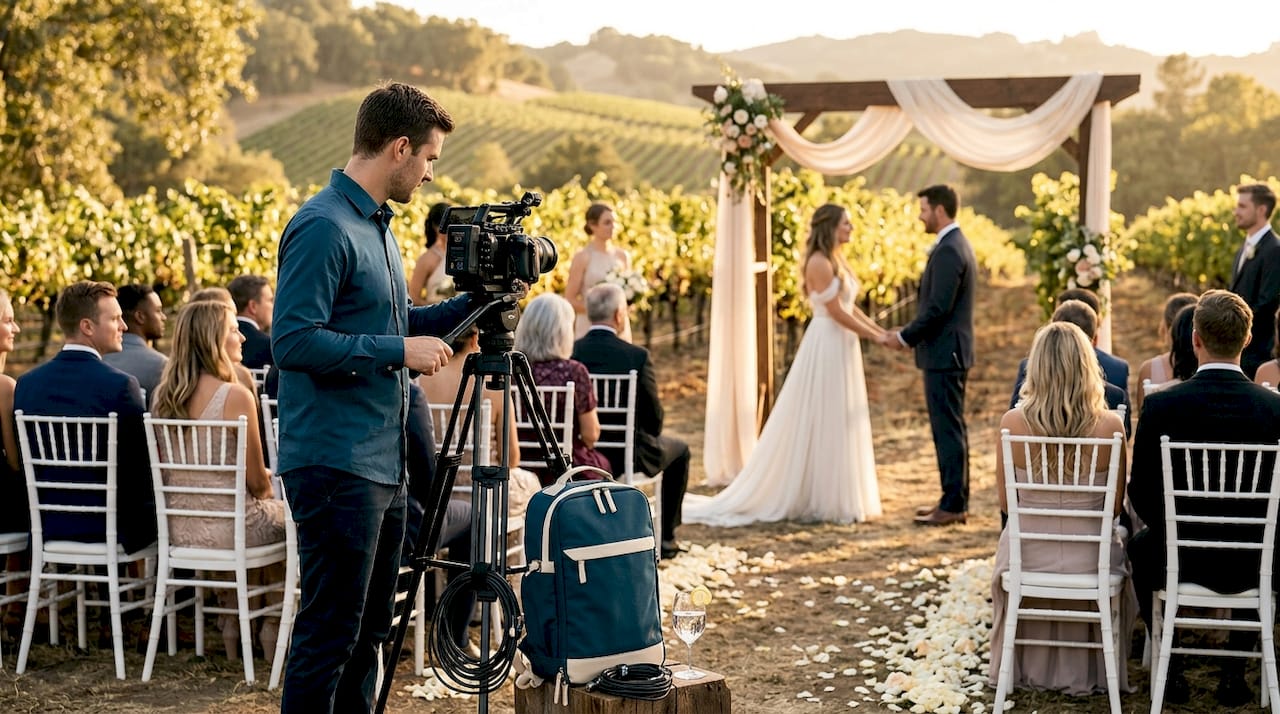 Wedding videographer filming rooftop ceremony