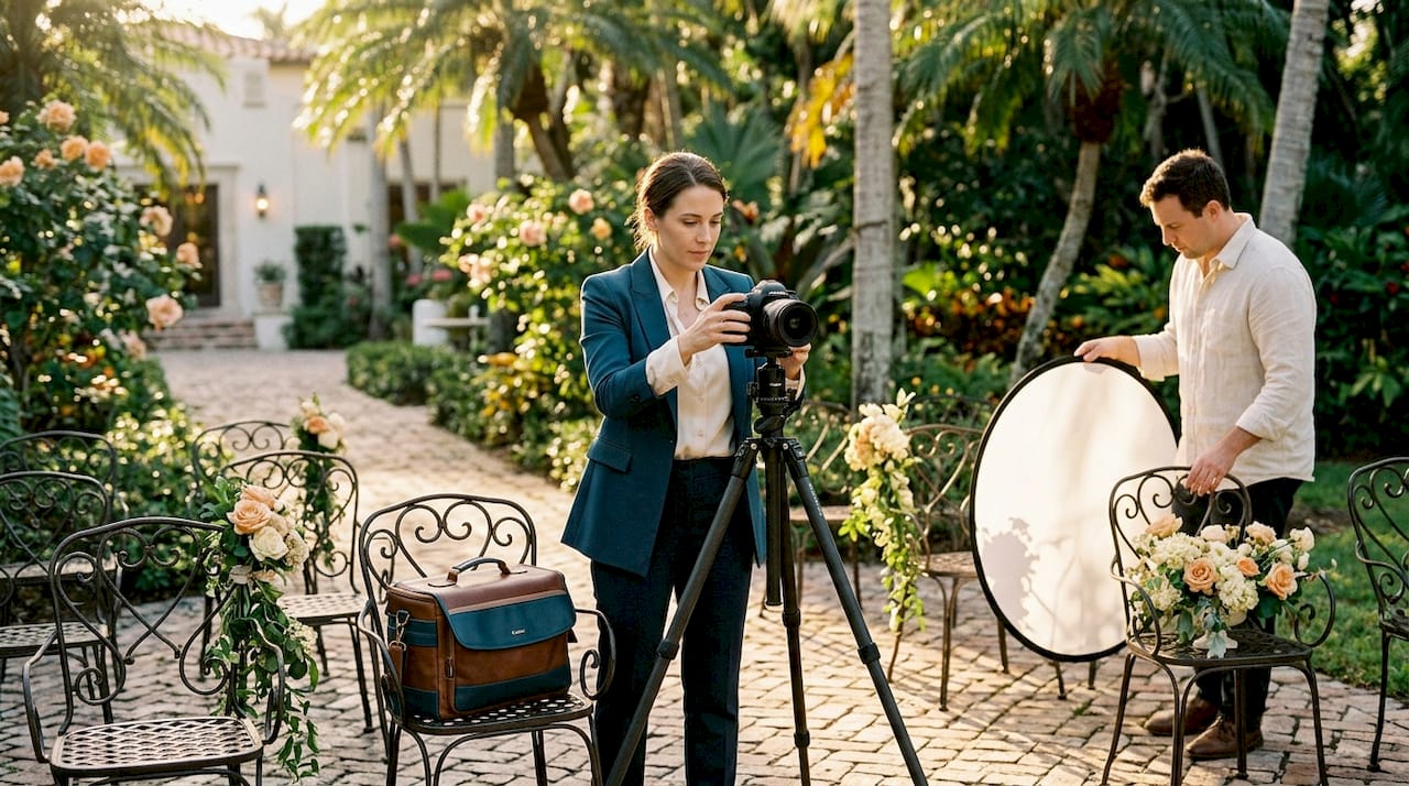 Wedding photographer setting up gear in garden