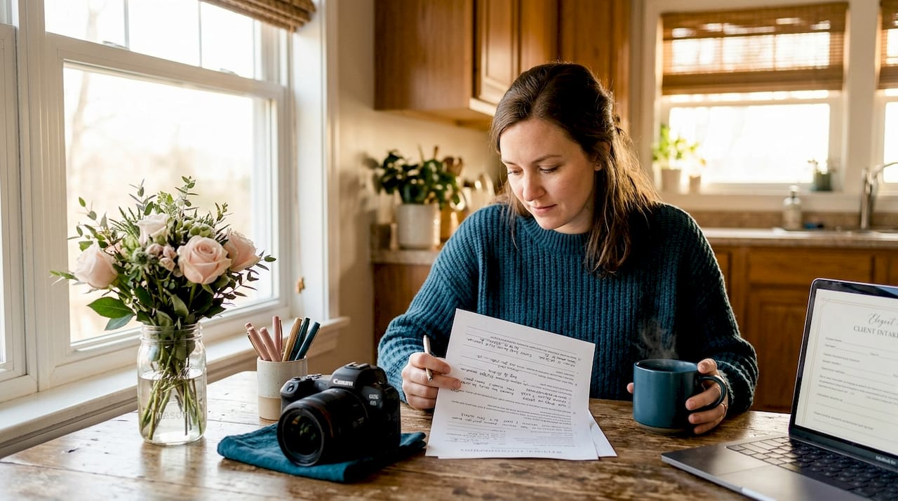 Photographer reviewing wedding questionnaire form
