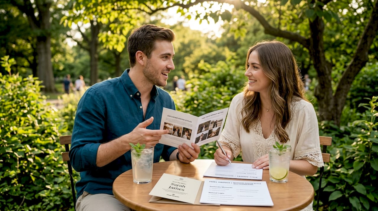 Couple reviewing wedding photography preferences