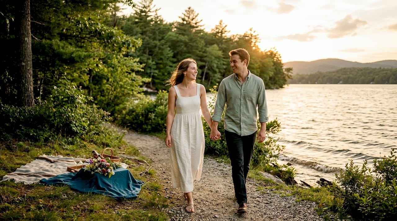 Engaged couple walking hand-in-hand in park