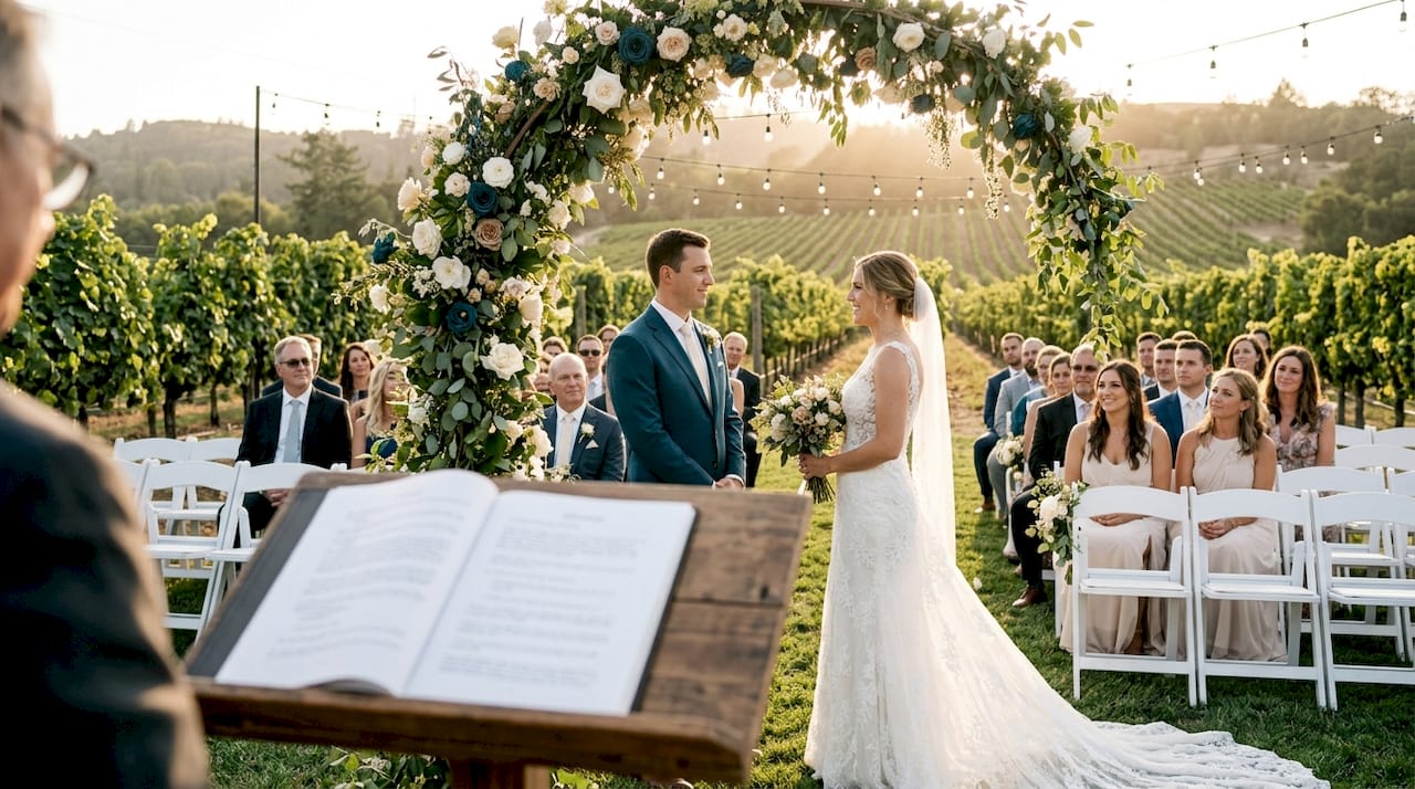 Bride and groom exchanging vows at ceremony