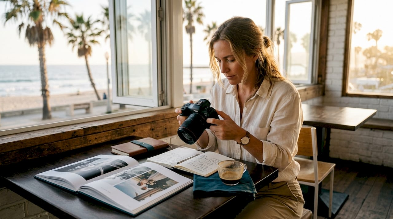 Photographer planning wedding budget at café