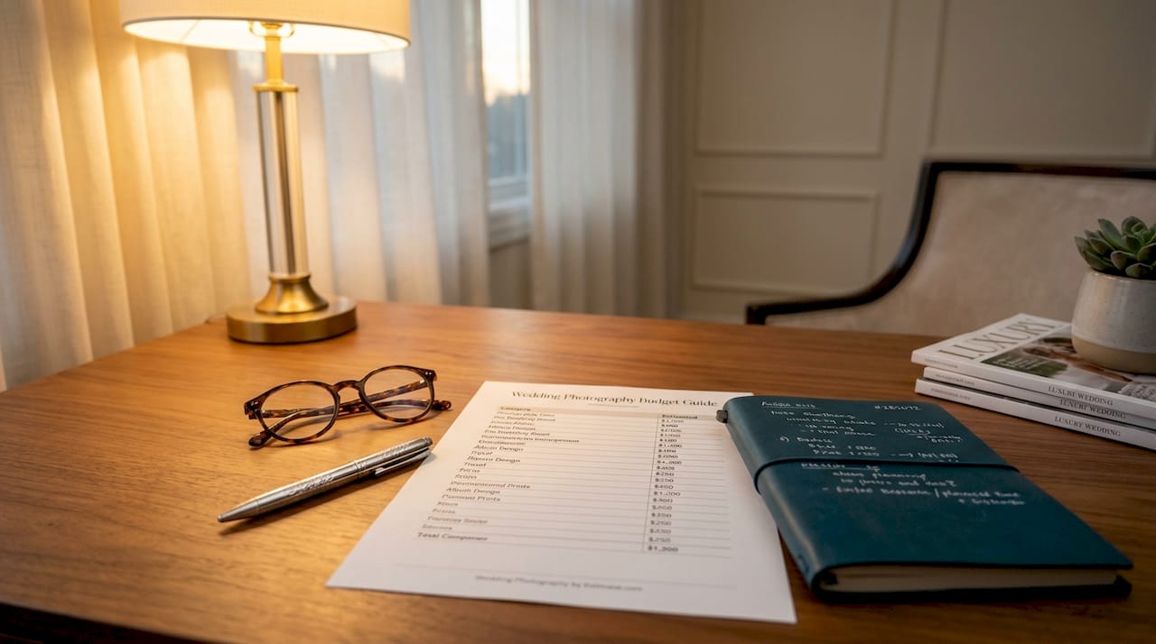 Close-up of wedding photography budget guide on desk