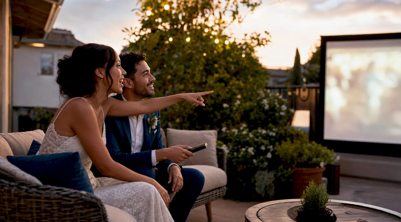 Couple watching wedding video at home