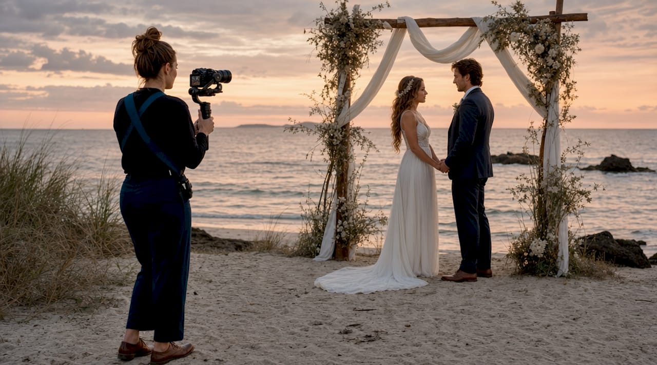 Videographer filming couple at outdoor wedding ceremony