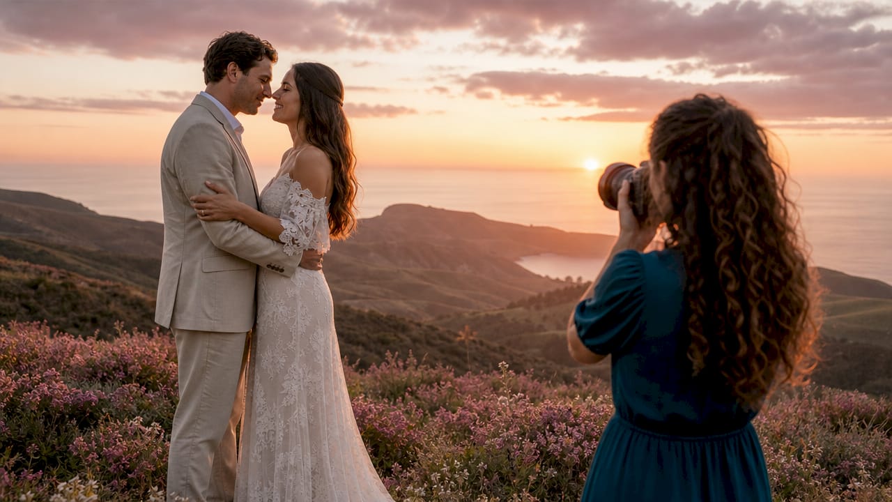 Couple portrait in warm golden hour beach light