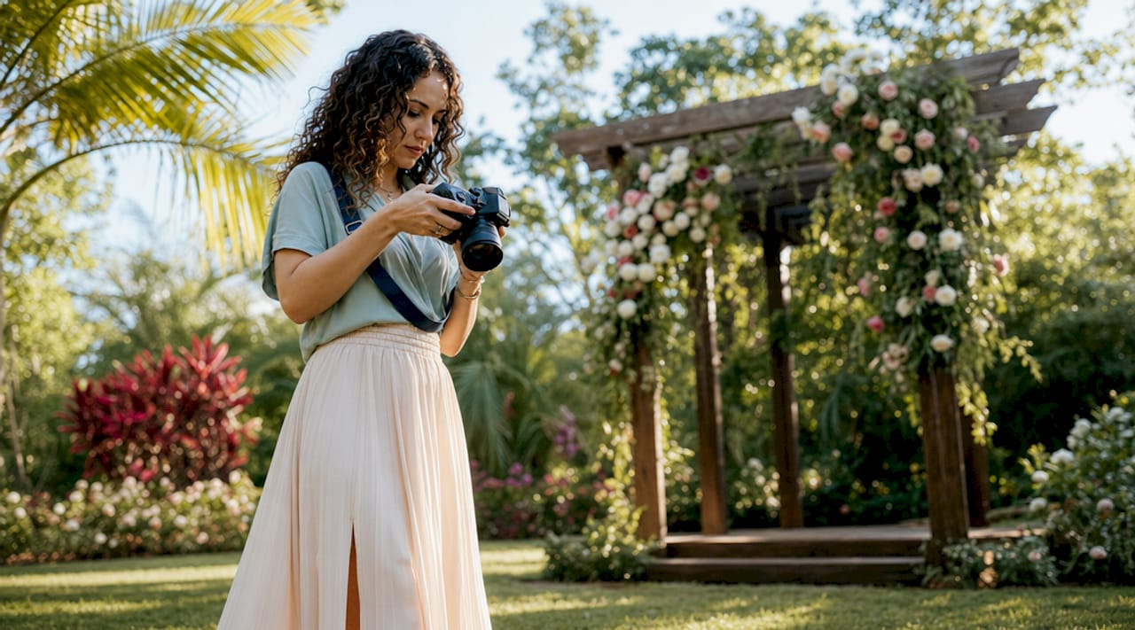 Wedding photographer preparing camera outdoors at Florida venue