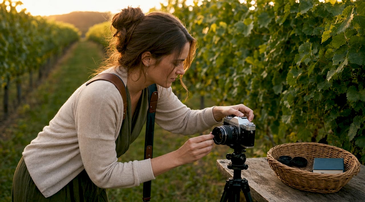 Wedding photographer preparing camera outdoors