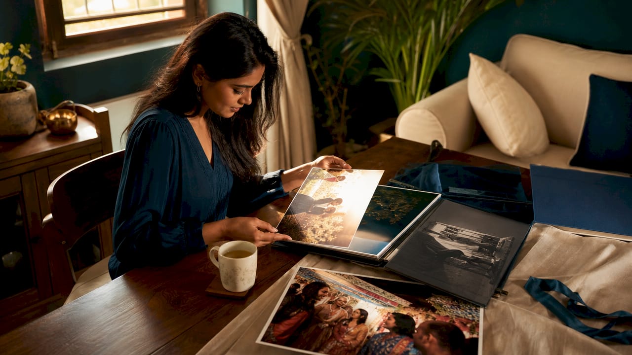 Woman reviewing printed wedding photography portfolios