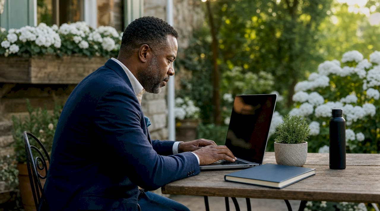 Man viewing wedding photo galleries on laptop