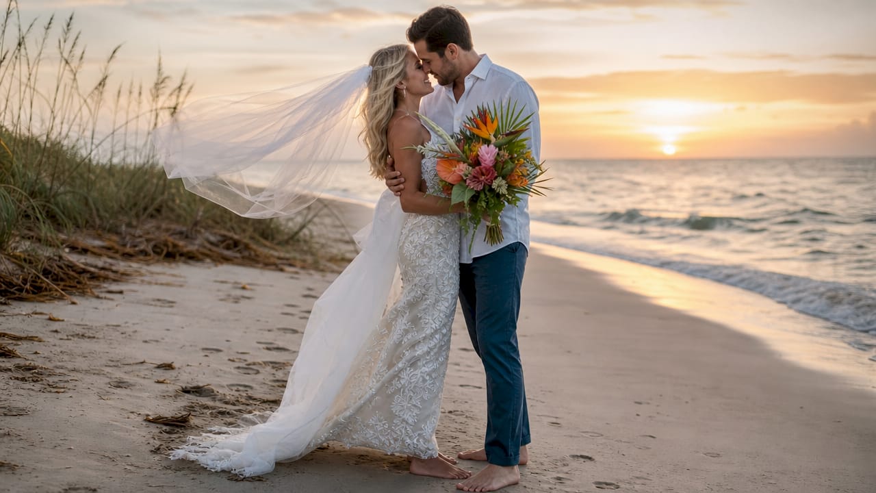 Couple embracing on Florida beach at sunset
