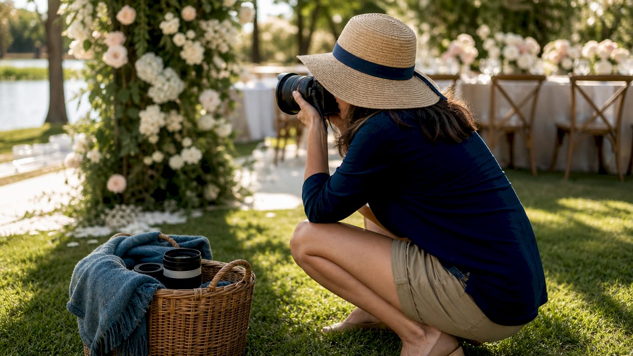 Photographer adjusting camera in Florida garden