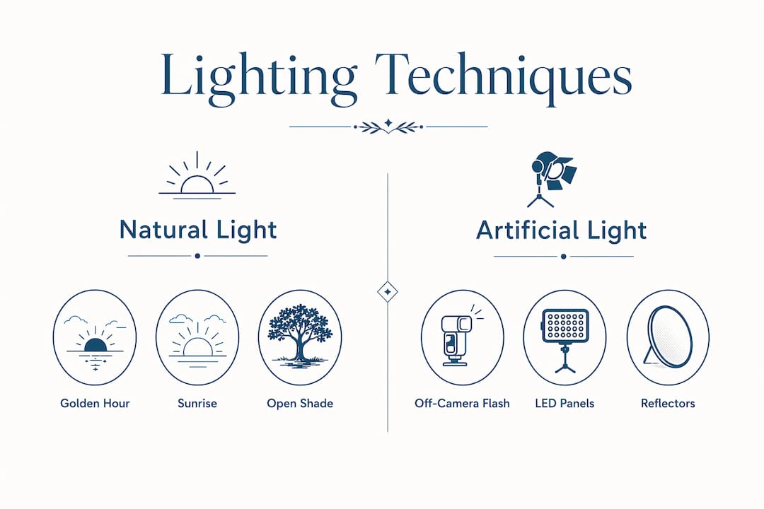 Infographic comparing natural and artificial wedding lighting techniques
