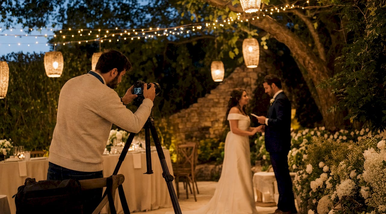 Wedding videographer filming couple's vows outdoors