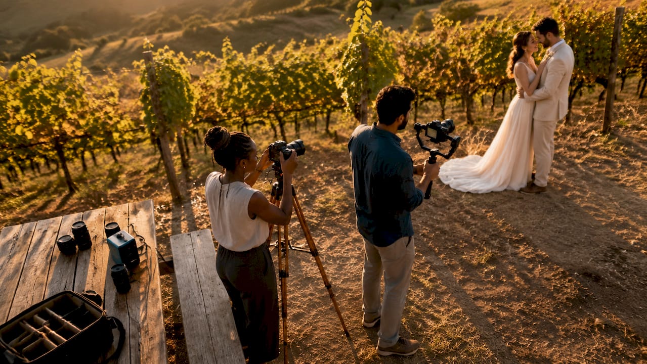 Wedding photographer and videographer collaborating outdoors