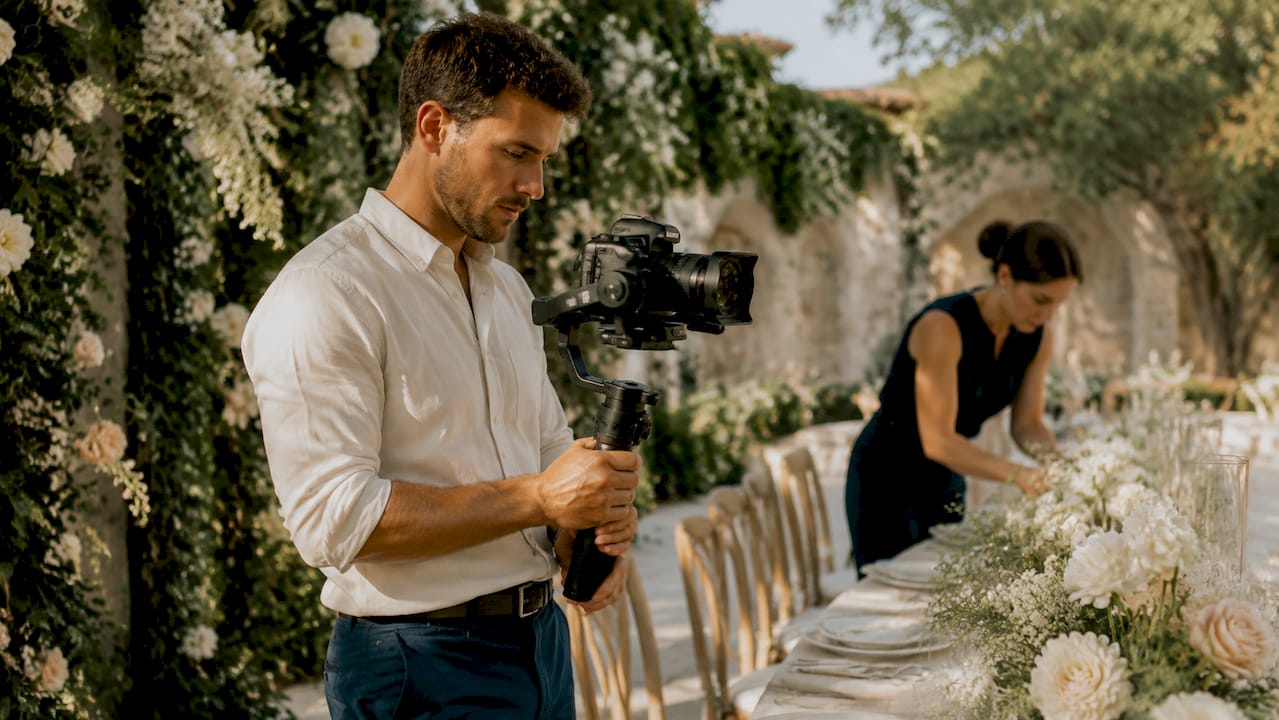 Videographer filming wedding ceremony indoors