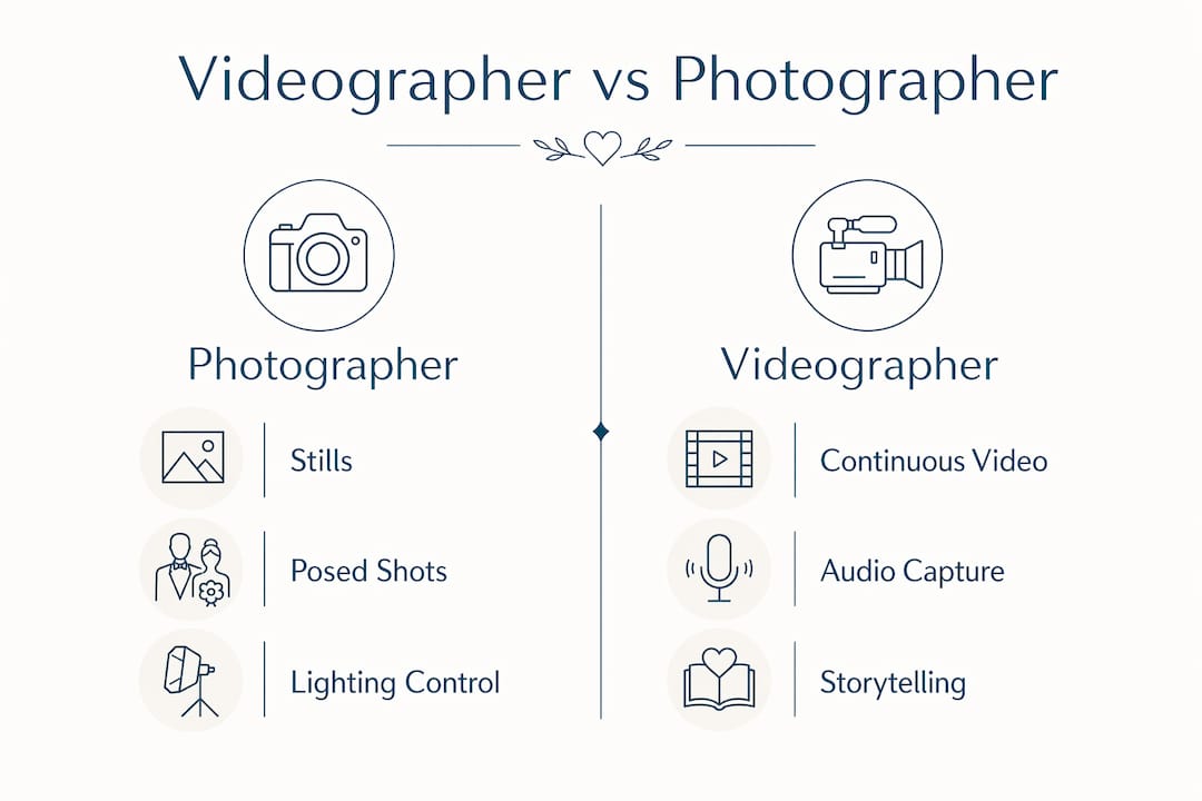 Comparative infographic of wedding videographer and photographer roles