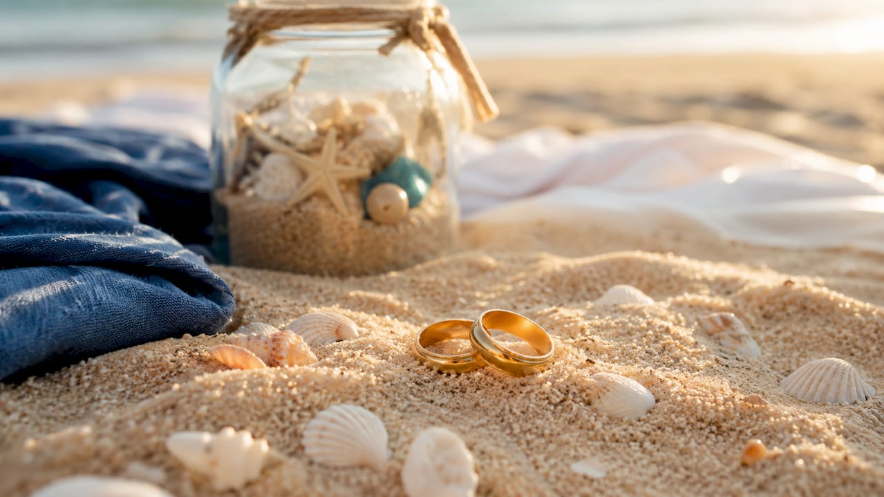 Close-up of wedding rings on beach sand