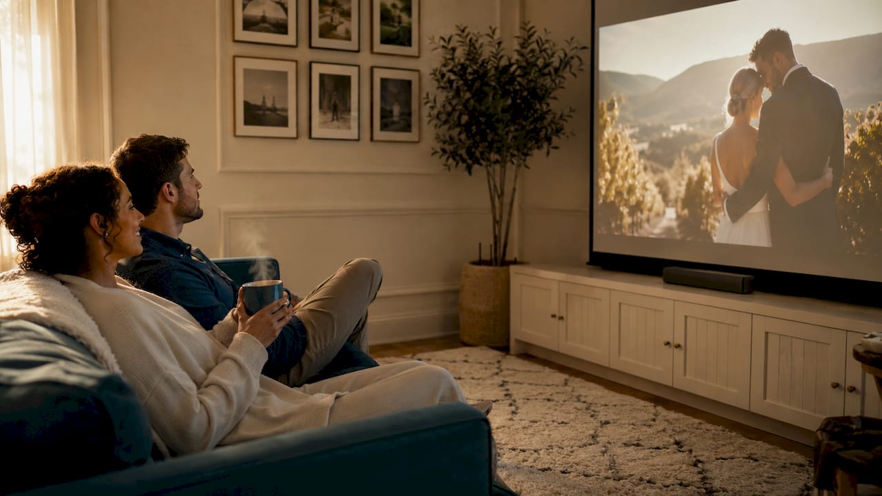 Couple enjoying cinematic wedding video at home