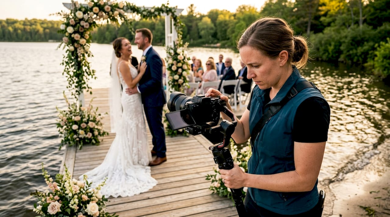 Wedding videographer filming couple outdoors