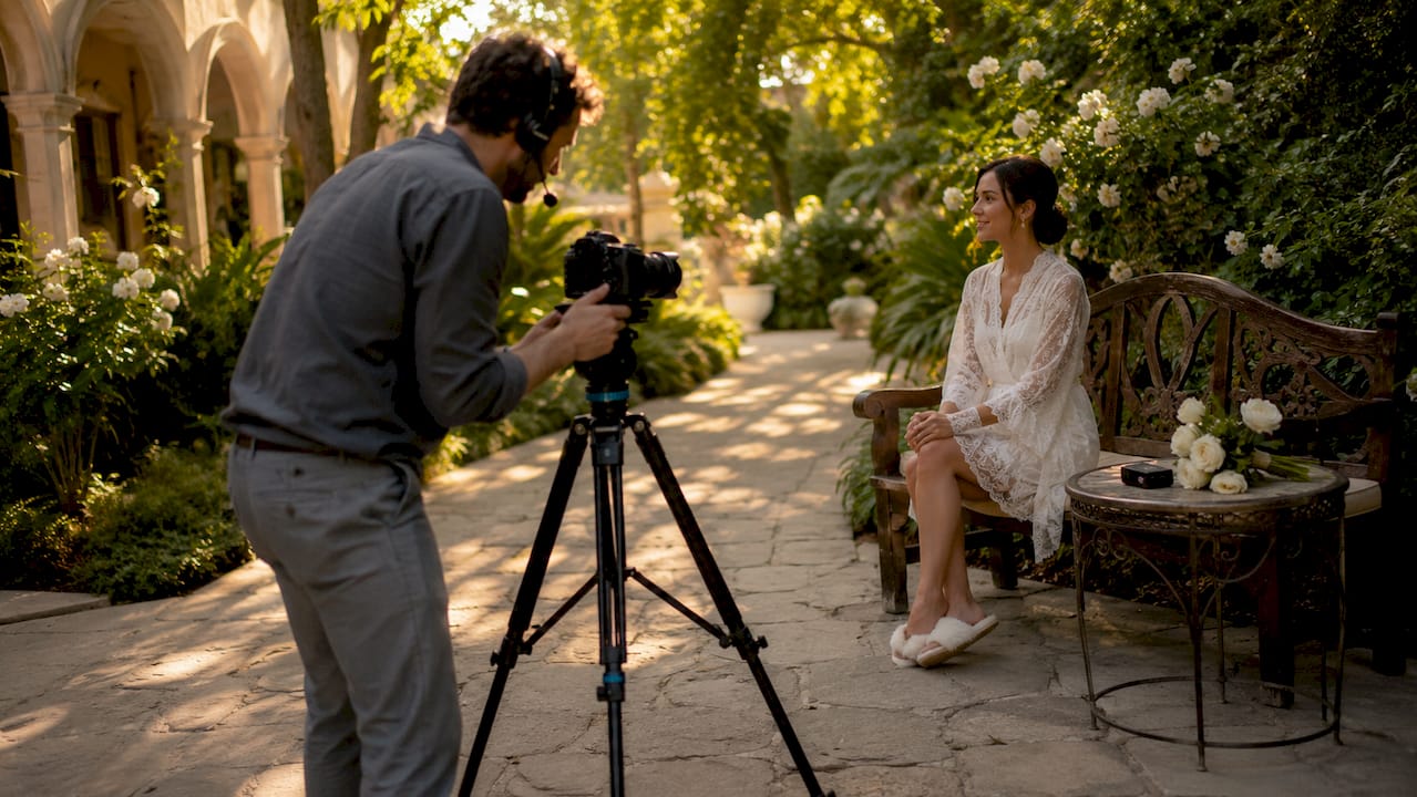 Videographer setting up wedding interview with bride