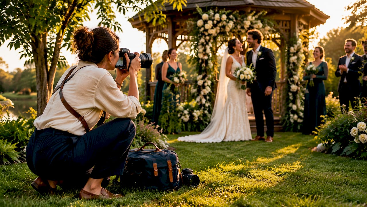 Photographer capturing candid wedding moment