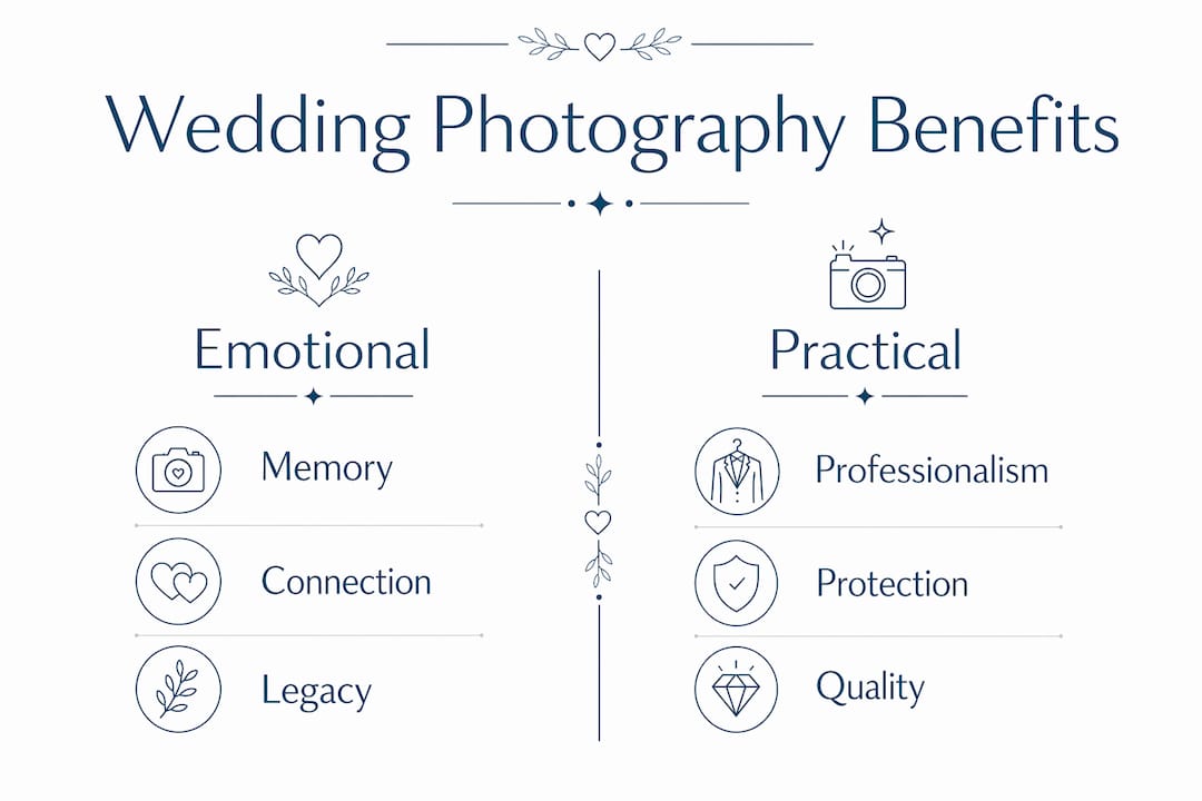 Infographic comparing emotional and practical benefits of wedding photography