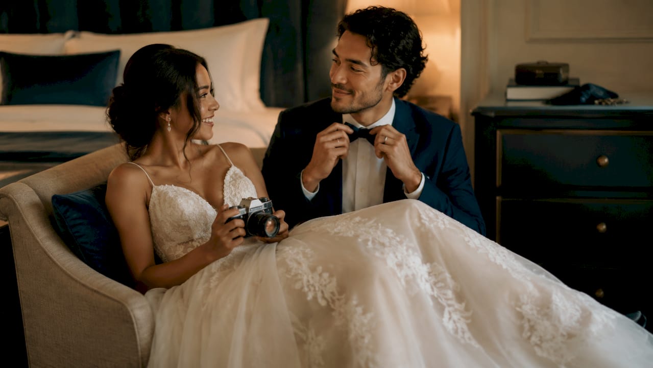 Couple relaxed preparing for wedding photos