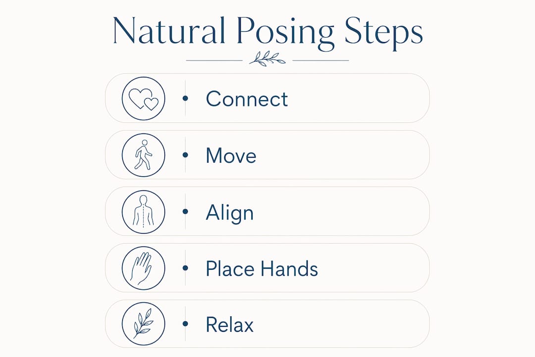 Infographic illustrating natural posing steps for wedding photos