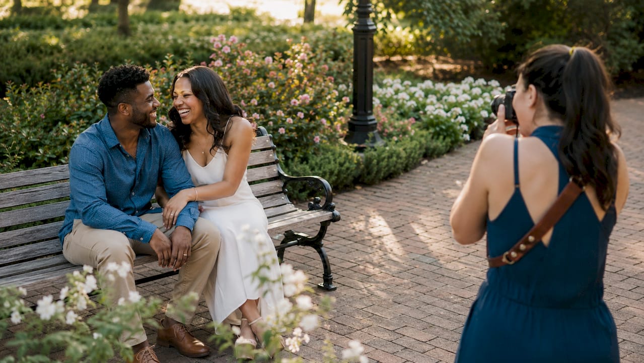 Couple laughing during engagement photo shoot