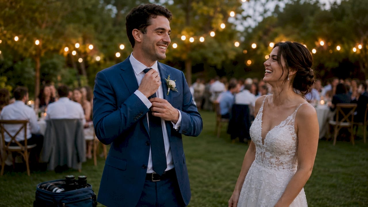Candid groom and bride laughing outdoors