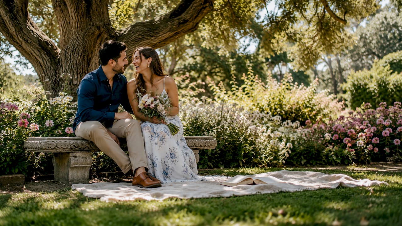 Couple sharing moment at meaningful engagement location