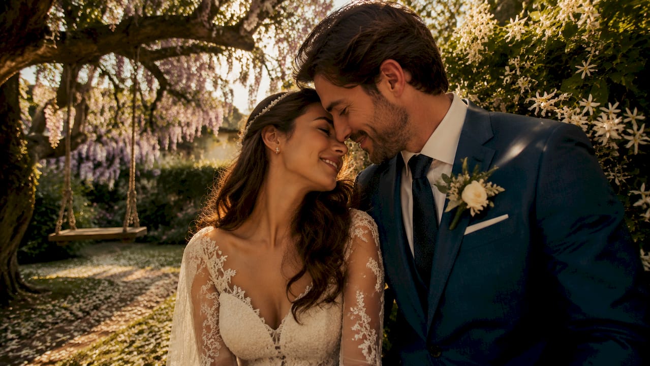 Romantic couple embracing at golden hour outdoors.