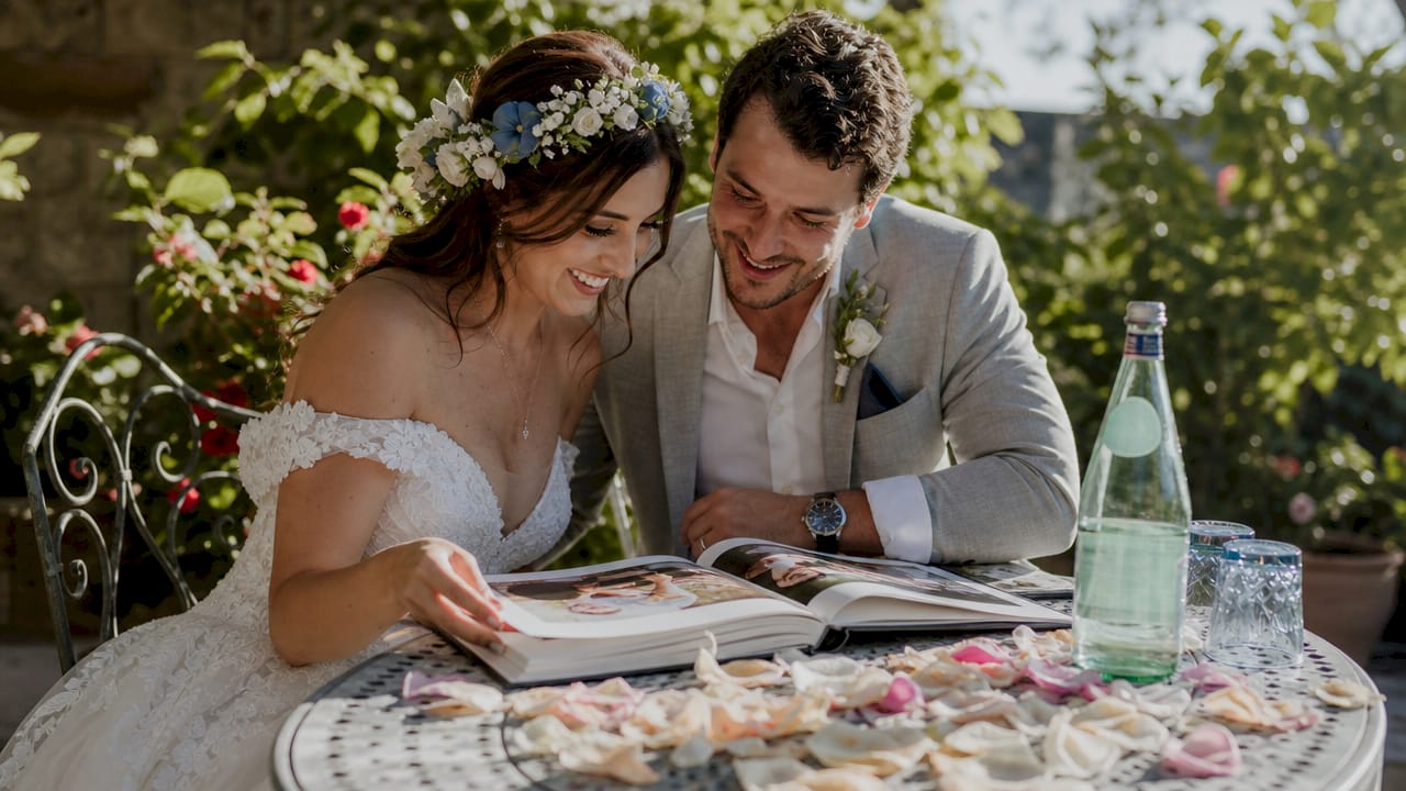 Bride and groom reviewing wedding photos