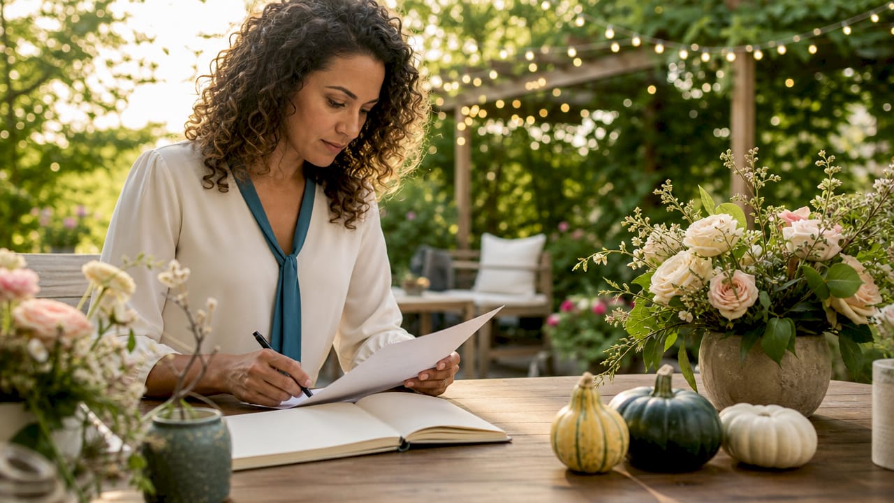 Wedding planner reviewing entertainment checklist at reception venue