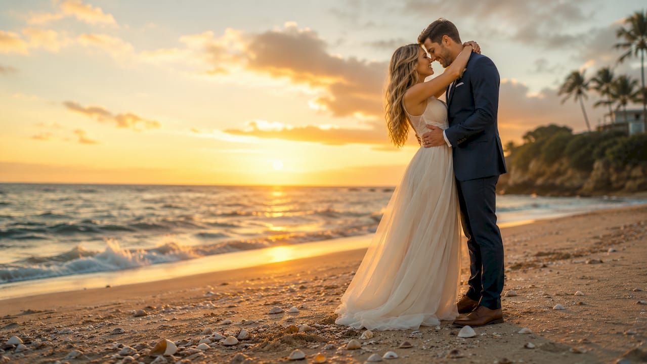 Couple posing for romantic sunset wedding portrait