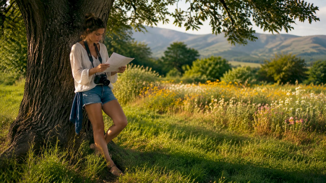 Wedding photographer reviewing timeline outdoors