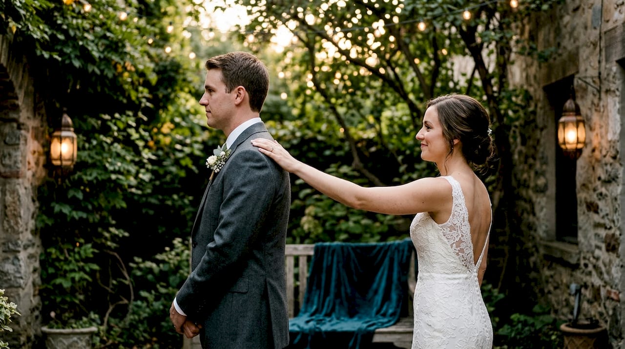 Bride taps groom's shoulder inside rustic barn
