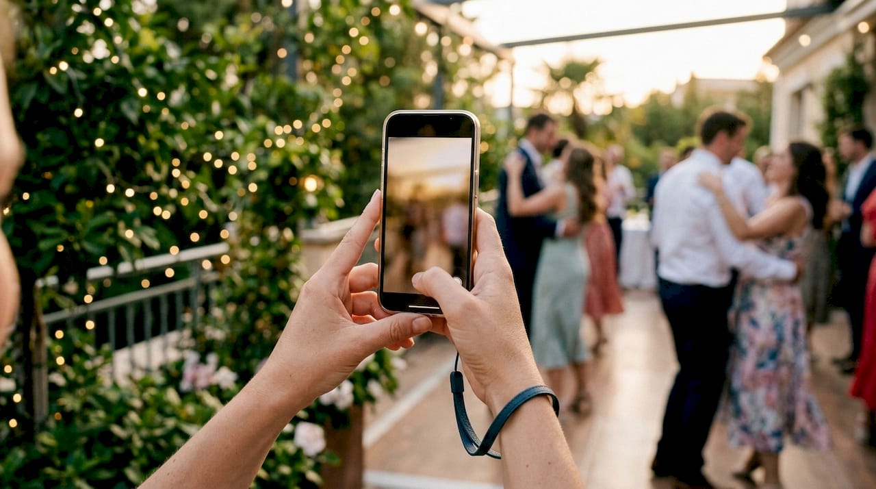 Hands holding phone recording wedding dance