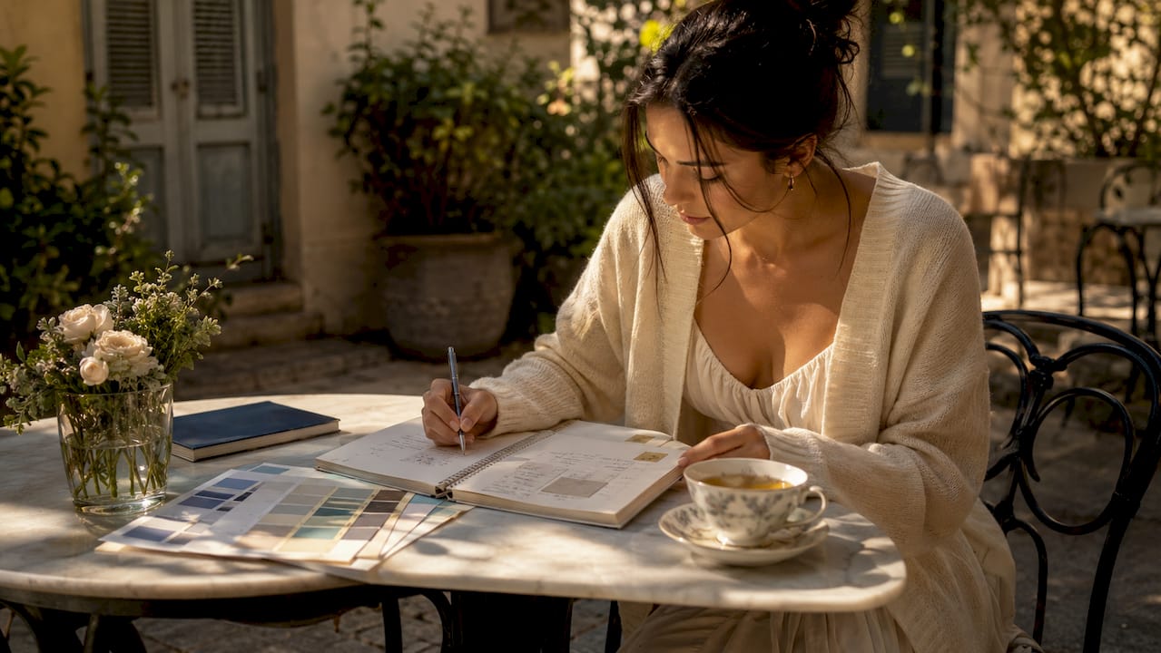Bride planning wedding at home table