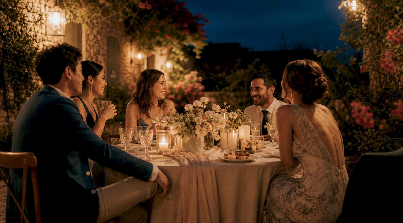 Evening outdoor wedding welcome party guests