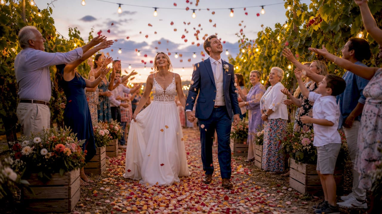 Newlyweds walking through sparkler tunnel outdoors